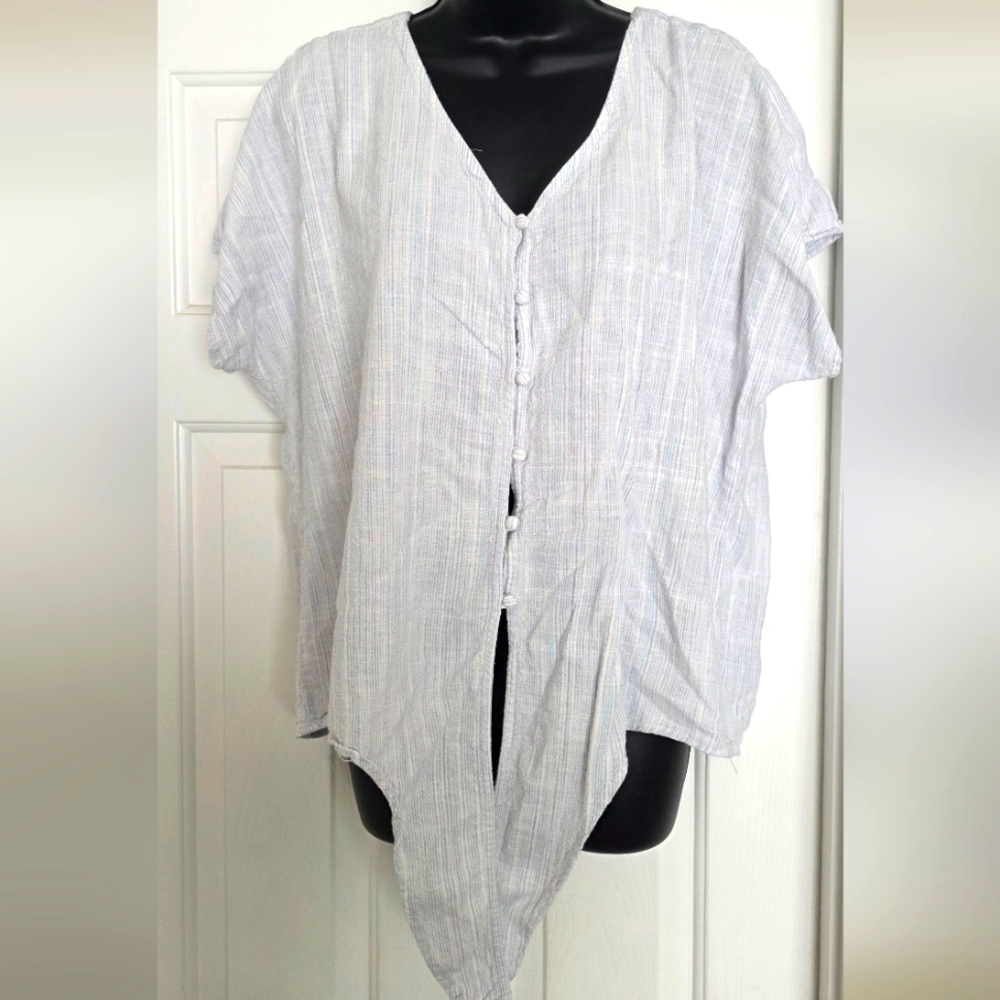 Caffe Marrakesh Blue White Stripe Linen Blend Tie Front Cap Sleeve Top | Size L